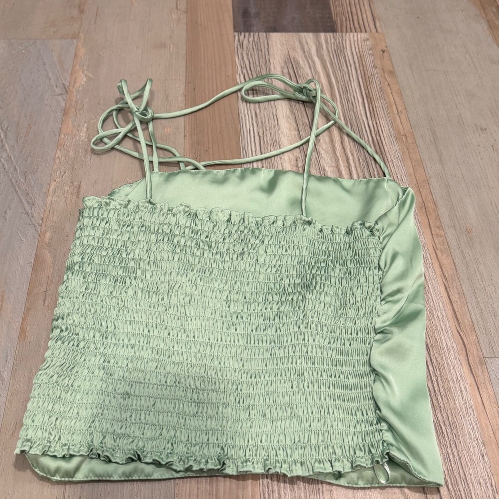 Urban Outfitters Smocked Satin Tie-Strap Camisole Top Small Sage Green Cropped